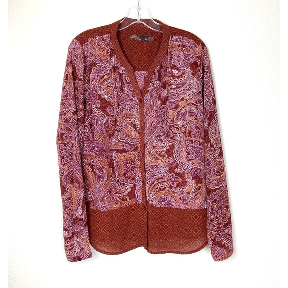 Prana Women's Evelyn Button Up Blouse Size M Brown Paisley Button Cuff Sleeve - Picture 1 of 5